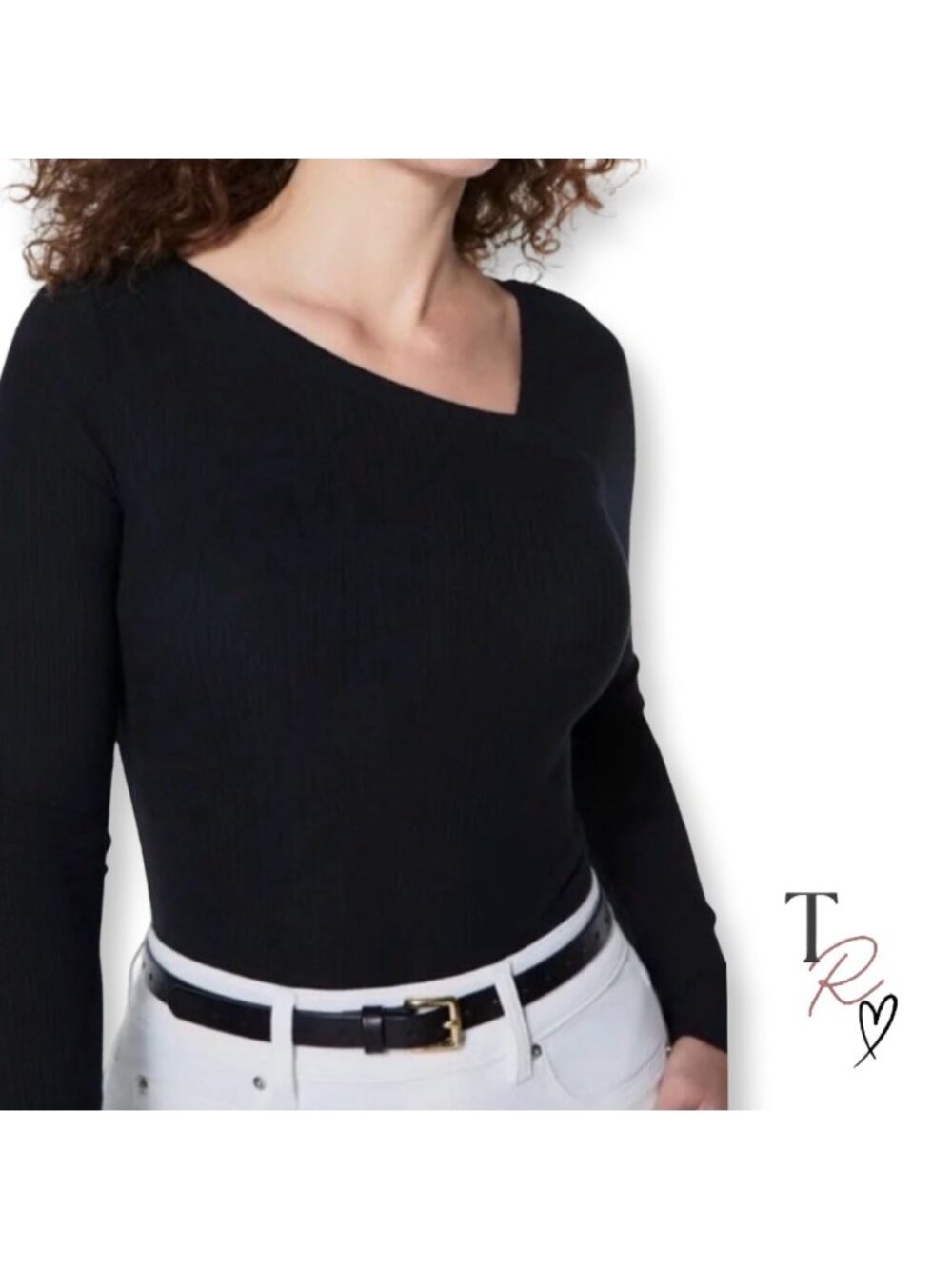 Spanx Ribbed Asymmetrical Neckline Stretch Long Sleeve Top in Black Size Medium